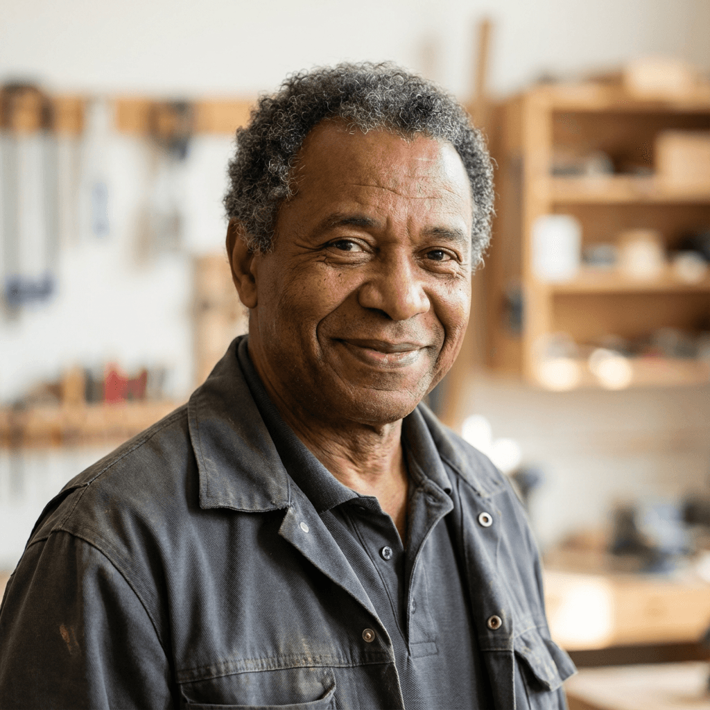 Gaetano Smith smiling in his home office with a digital tablet displaying a planner template
