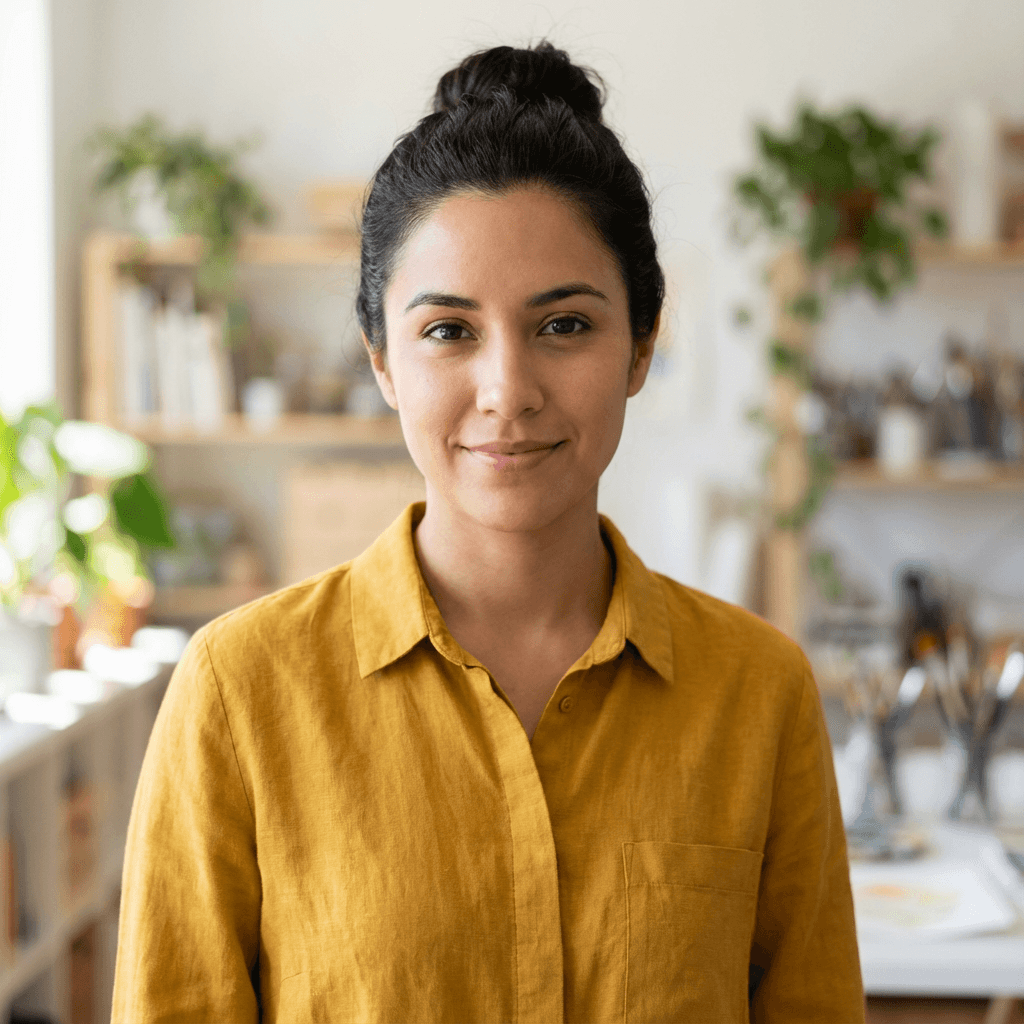 Elena R. in a kitchen holding an open recipe book