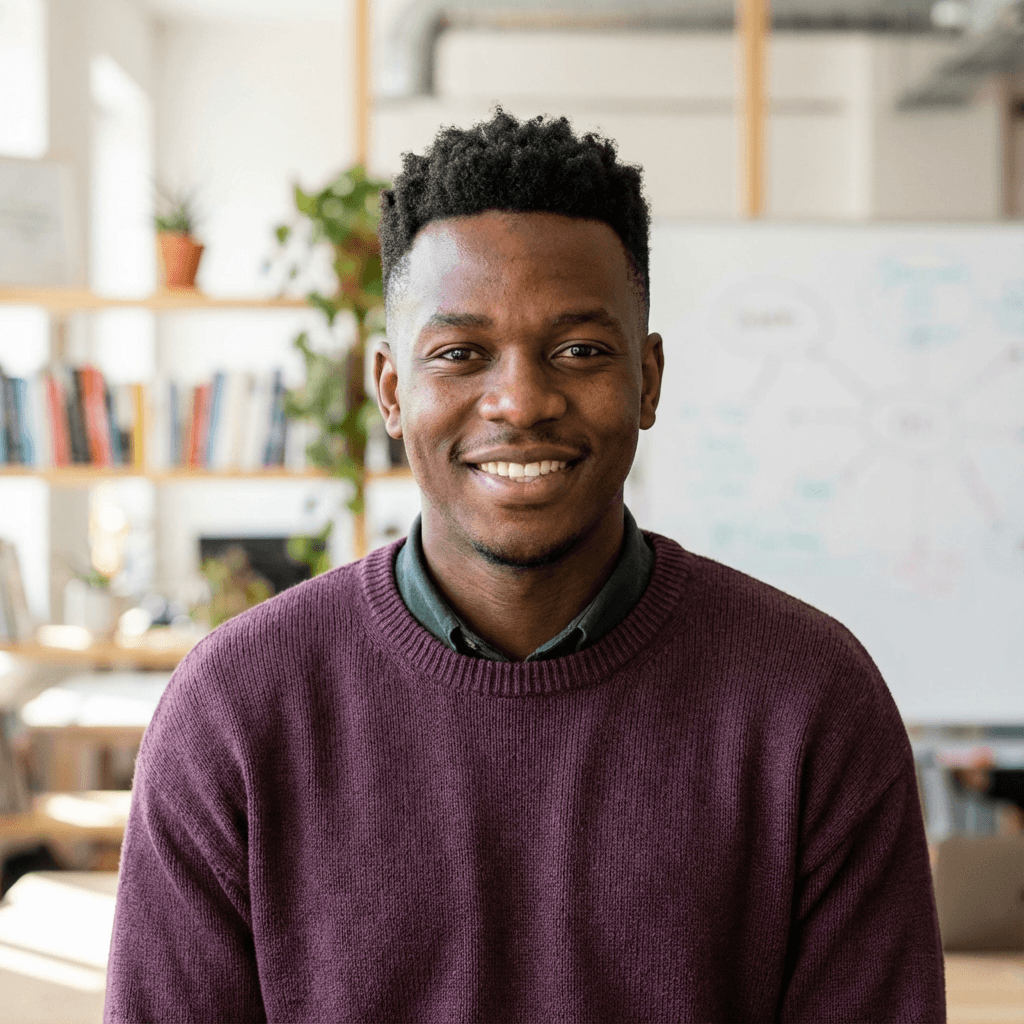 Marcus T. standing in a co-working space with a printed planner