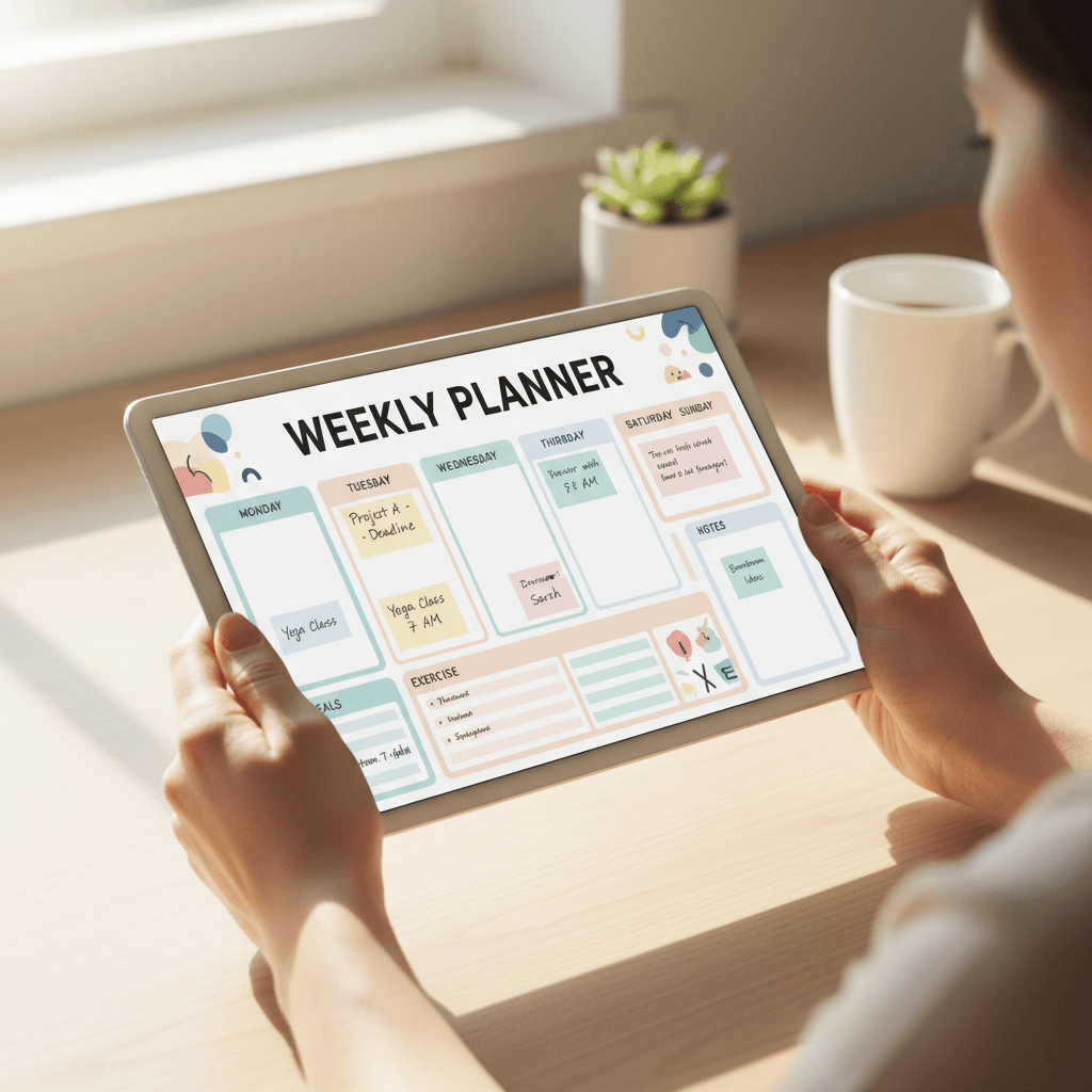 Open digital planner on a tablet beside a notebook and coffee on a clean white desk