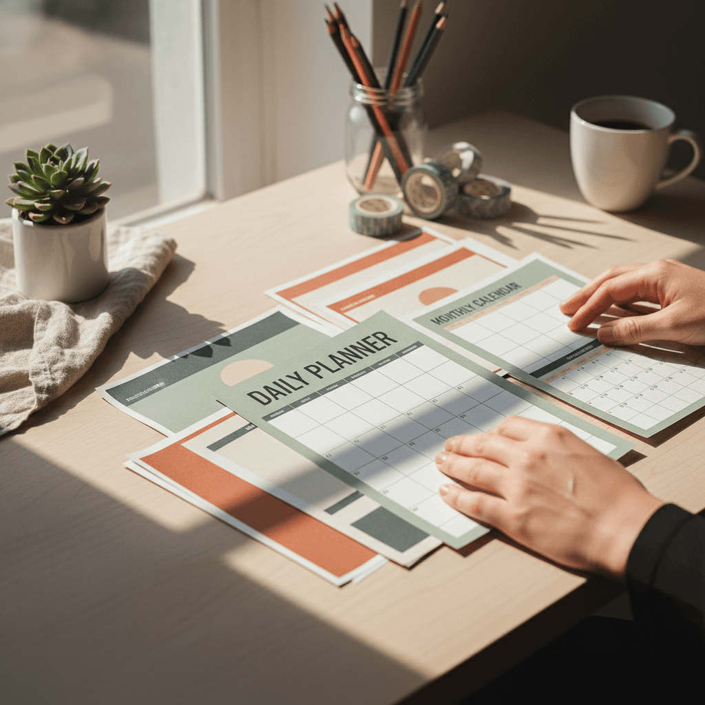 Open planner on a bright wooden desk beside a pen and notebook