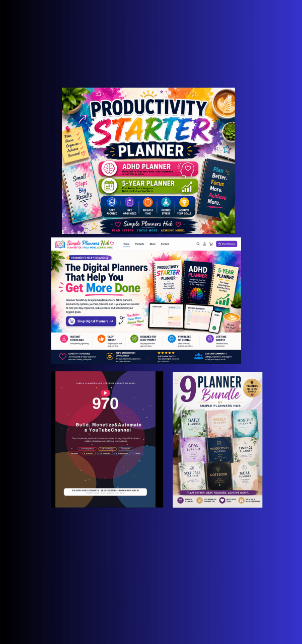 Promotional graphics for digital productivity planners, ADHD planners, and a YouTube channel automation guide.